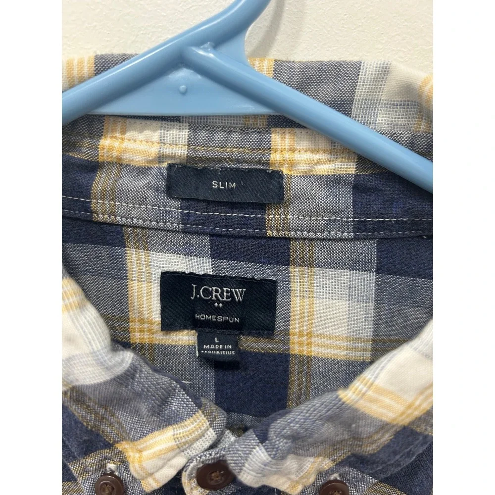 J.Crew Homespun Slim Fit Plaid Button Down‎ Shirt Mens Large Navy Blue Yellow